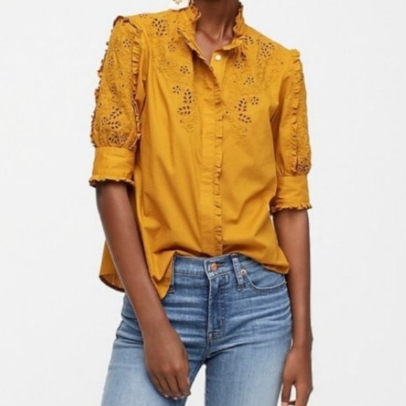 J. Crew Tops - J. Crew Mustard Yellow Mockneck Embroidered Eyelet Romantic Button-up Blouse